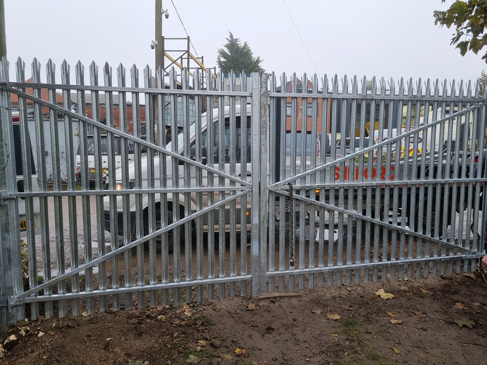 Security fencing gate with galvanized steel panels, showcasing a robust design for commercial property protection, located in Featherstone.