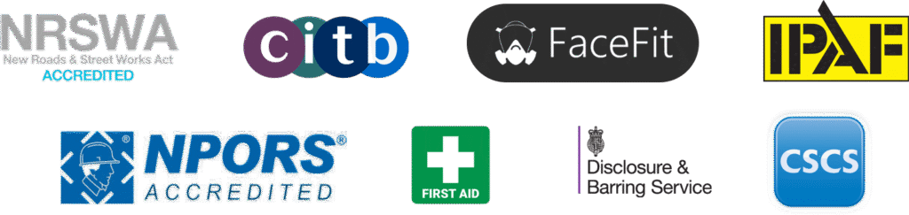 Accreditation logos for CK Fencing Contractors, including NRSWA, CITB, FaceFit, IPAF, NPORS, First Aid, Disclosure & Barring Service, and CSCS, highlighting the company's commitment to safety and professional standards in fencing services.
